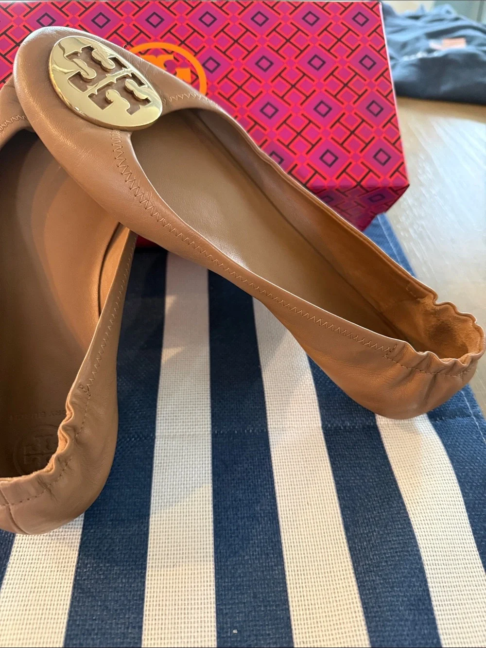 Tory Burch Royal Tan/Gold Leather Ballet Flats with Gold Logo Medallions